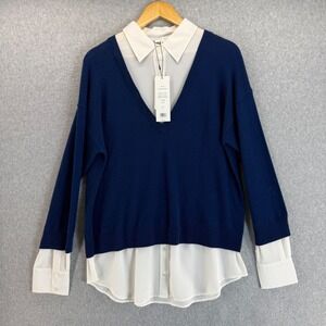 Veronica Beard Mixed Media Sweater V-Neck Long Sleeve Navy Blue Size Large‎ NWT